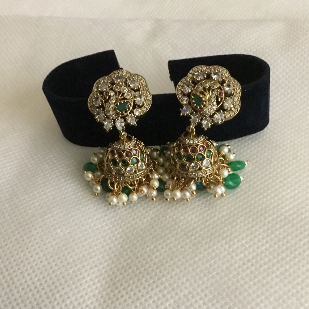 Gold-tone Green Pearl Jhumka Earrings - Women Jewelry